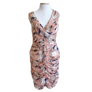 NWT McGinn Elle Cream Coral Multi Ruched Sleeveless Floral Chiffon Mini Dress 10